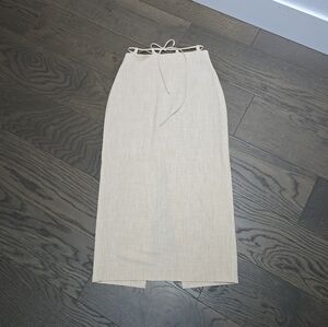 L'Acadmie Slim String Tie High Slit Maxi Skirt in Tan
